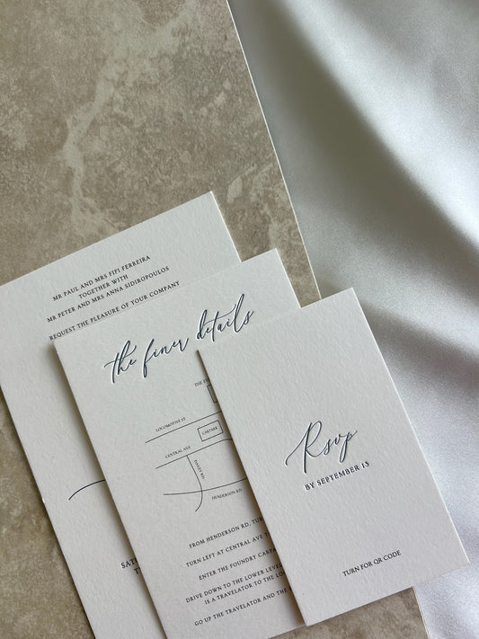 Letter Press Invite Suite: Three Piece Set, silk ribbon & envelopes