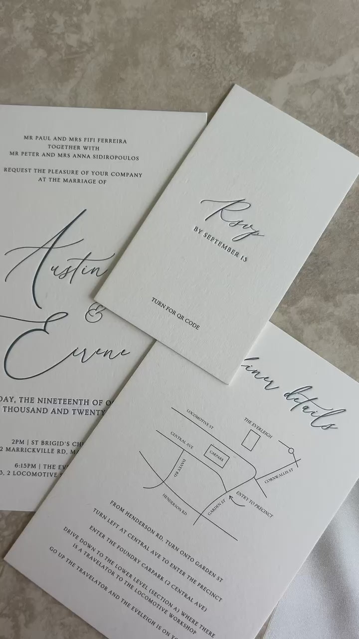 Letterpress Invite Suite: Three Piece Set, Silk Ribbon & Envelopes